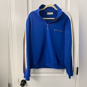 Tory Burch Blue Quarter-Zip Sweater with Tan and White Accents